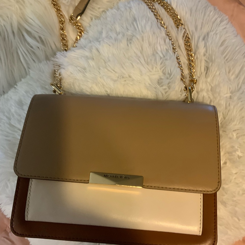 Michael Kors Jade Tri-color Brown, Tan and Cream Crossbody Bag with Gold Chain